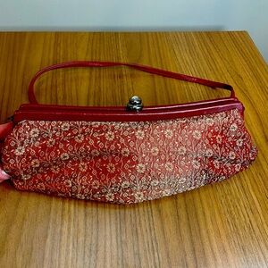 Red clutch with faux leather strap or chain - jeweled closure